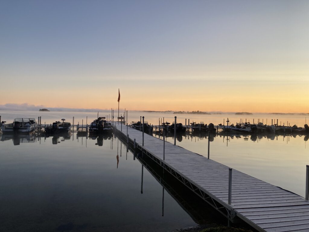 dock with boats on Pelican lake