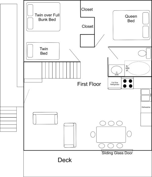 first floor layout, retreat cabin